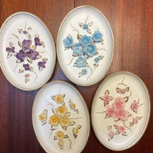 Lefton Floral Ceramic Wall Plaques - Purple, Blue, Yellow, Pink